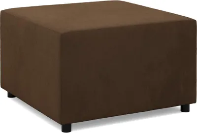A brown cube-shaped ottoman with four black legs is shown from a slightly elevated angle against a white background.