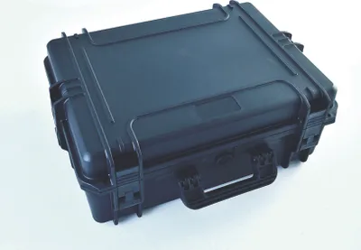 A black waterproof and dustproof case is shown against a white background.