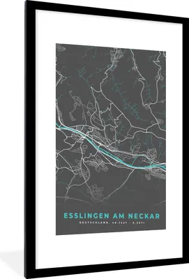 Produktbild von MuchoWow® Gerahmtes Poster Blau - Deutschland - Karte - Stadtplan - Esslingen am Neckar 60x90 cm - Poster mit Schwarzem Bilderrahmen Wandposter Rahmen Foto Bilder - Dekoration - Wandposter Wohnzimmer - Hochwertig
