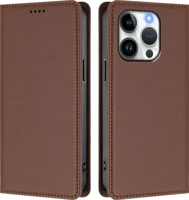 Image de Étui en cuir pour iPhone 15 Pro, étui à rabat magnétique en cuirPolyuréthaneavec support, marron