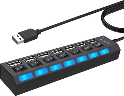 Zdjęcie produktu dla 7-portowy, przenośny koncentrator USB 2.0 LOBKIN z indywidualnymi przełącznikami zasilania LED do laptopów, komputerów PC, MacBooków i innych urządzeń USB