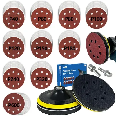 Productafbeelding van Schuurvelset, 100 stuks, 125mm, klittenband, voor haakse slijpmachine en excenterschuurmachine, 8 gaten, M14 schuurteller, geschikt voor hout, metaal en verf, korrel P40-600