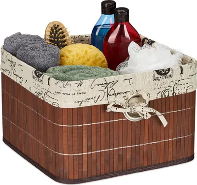 Produktbild von 4 x Aufbewahrungskorb, Bambus und Polyester, H x B x T: 20 x 31 x 31 cm, Körbchen mit Griffloch, Regalkorb, braun/creme