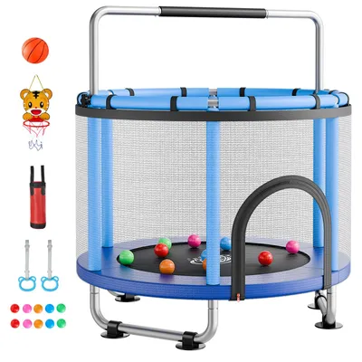 Produktbild von SucceBuy Mini-Trampolin für Kinder mit Haltegriff und Sicherheitsnetz, Blau, 142 cm Outdoor-Trampolin mit Basketballkorb, Ball und Sandsack – ideales Geschenk für Weihnachten oder Geburtstag
