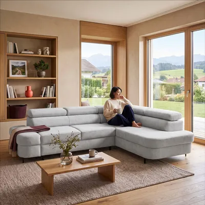 Produktbild von MUFFO Ecksofa PRIAM L Rechts mit Schlaffunktion 125x195 Velours Hellgrau