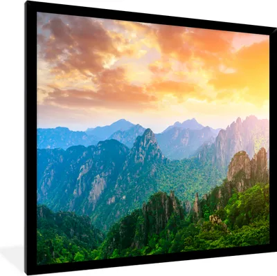 Produktbild von MuchoWow® Gerahmtes Poster Berge - Bäume - Sonnenuntergang - Natur 40x40 cm - Poster mit Schwarzem Bilderrahmen Wandposter Rahmen Foto Bilder - Mit Rahmen - Wanddekoration Schlafzimmer