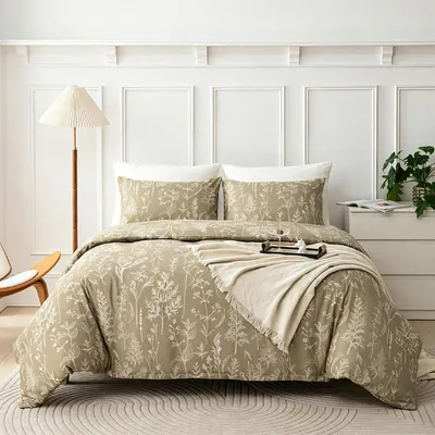 Obrázok produktu pre Sada posteľnej bielizne 220x240 cm, 3-dielna, mikrovlákno, vzor: botanický, farba: khaki, béžová