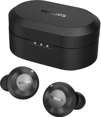 A black charging case and two black wireless earbuds are displayed against a white background.