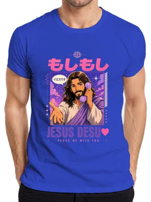 Immagine prodotto di Maglietta da uomo, stile vaporwave, con la scritta "Moshi Moshi Jesus Desu Peace Be With You", ispirata al Giappone e al periodo Y2K, colore blu, taglia S