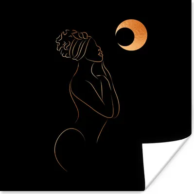 Produktbild von MuchoWow® Poster Frau - Mond - Schwarz und Gold - Strichzeichnung 50x50 cm - Wohnzimmerdekoration
