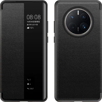 A black leather phone case for a Huawei Mate 50 Pro is shown from the front and back.