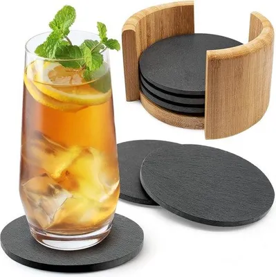 Produktbild von Famanu Untersetzer aus Schiefer 10 cm - Set von 6 - Dunkelgrau