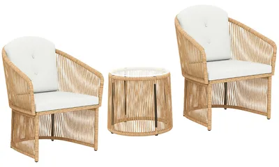 Produktbild von Rattan-Bistro-Set,3-teiligesGartenmöbel-SetmitrundemGlastisch,SesselnundKissen,Cremeweiß