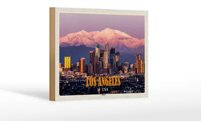 Produktbild von Holzschild Reise 18x12 cm Los Angeles Skyline Berge Wolkenkratzer
