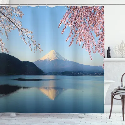 Produktbild von ABAKUHAUS Berg Duschvorhang, Japanischer Berg mit schneebedeckter Spitze mit Frühlings-Kirschblüten-Niederlassungen See, 175 x 240 cm, Mehrfarbig