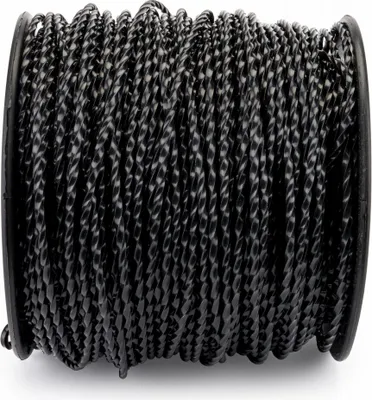 A spool of black twisted rope.