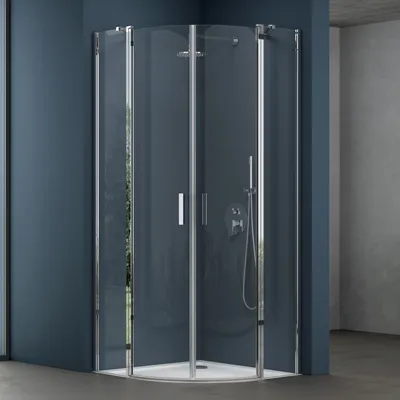 A modern shower cabin in a bathroom setting.
