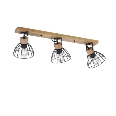 A three-light ceiling lamp with a wooden bar and black metal cage shades.