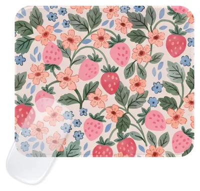 Produktbild von Retro Quadratisches Mauspad mit Blumenmotiv, Genähte Kante, Klein und Wasserdicht, Rutschfester Gummi für Büro und Zuhause, Rosa Erdbeere