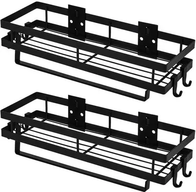 Productafbeelding van Unyqoos® Wandorganizer voor de keuken met 2 kruidenplanken, een geïntegreerde houder voor keukenrolletjes en 4 haken, 35 cm, zwart, boorvrije wandmontage