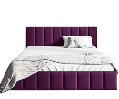 A purple upholstered bed with white bedding and pillows, shown against a white background.