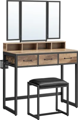 A vanity table with a tri-fold mirror and a stool, presented against a white background.
