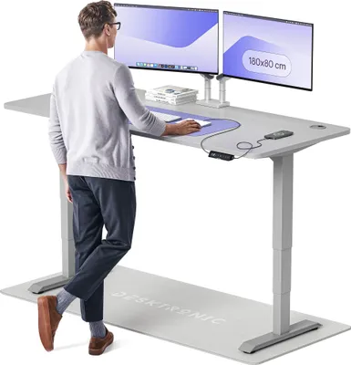 Zdjęcie produktu dla Desktronic HomePro biurko z elektryczną regulacją wysokości 180x80cm szary/szary z funkcją pamięci, technologią antykolizyjną, portami ładowania USB-A i USB-C