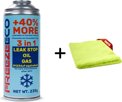 Produktbild von 3-in-1 Klimaanlagen-Kältemittel FreezeEco Dichtmittel R1234yf 290g + Mikrofaser