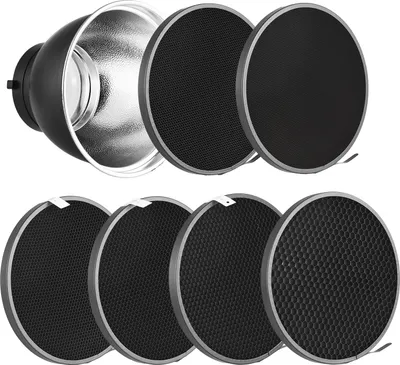 Produktbild von 7-Zoll-Standardreflektor + 6-teiliges Foto-Wabengitter-Set, 10¡ã/20¡ã/30¡ã/40¡ã/50¡ã/60¡ã, Lampenschirmgitter mit Wabenmuster fuer Bowens-Mount-Studiolicht-Blitzzubehoer