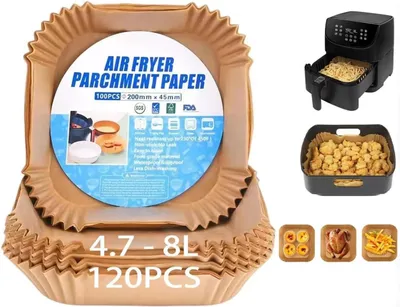 Produktbild von Backpapier 120 Stück, 20-24 cm, Antihaft, Wasserdicht, Ölbeständig, Für Heißluftfritteuse 4,7-8 L