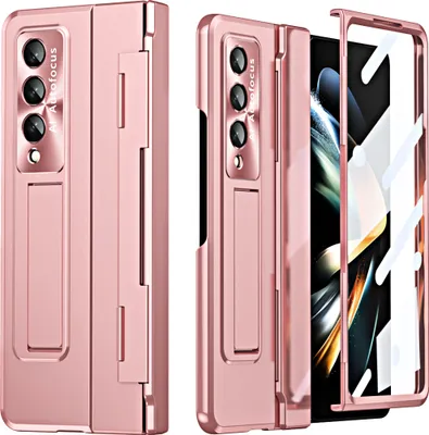 A rose gold colored phone case for a foldable phone, shown in multiple views, including one with the phone inside.