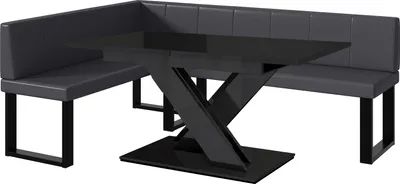 Produktbild von MEBLINI Eckbank für Esszimmer mit ausziehbarem Tisch  - Küchenbank - Essecke - Sitzecke Küche - PETER - U-Beine 142x196x87cm Links - Grau Kunstleder/B Schwarz Hochgl.