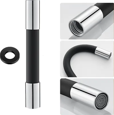 A collage of images showing a flexible faucet sprayer extension hose and its components.