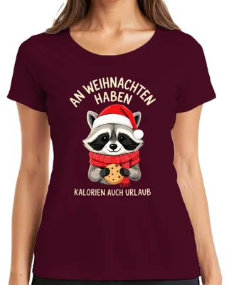 Produktbild von An Weihnachten haben Kalorien Urlaub Waschbär Kekse lustig Damen T-Shirt, Burgundy, XL