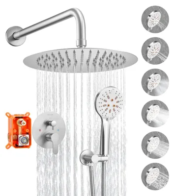 Produktbild von VEVOR Duscharmatur Set, Regen Duschsystem mit 10-Zoll (25,4 cm) runder Regendusche und Handbrause, wandmontierte Badarmaturen mit Messingventil und Verkleidung, gebürstetes Gold, 10 Zoll-c, Gezogen Nickel