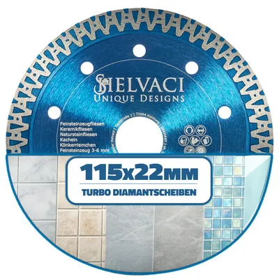 Produktbild von SHELVACI UNIQUE DESIGNS® - Profi Turbo Diamantscheibe ⌀ 115mm & Bohrung 22,23mm für Fliese, Keramik & Stein - Diamant-Trennscheibe für Trennschleifer