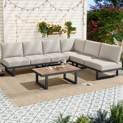 Image de Ensemble de mobilier de jardin Zerboco, ensemble de fauteuils lounge, canapé d'angle, chaise longue d'extérieur, table basse convertible en lit de repos, acier galvanisé, gris