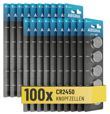 Produktbild von ABSINA CR2450 Knopfzelle 100er Pack - CR 2450 3V Knopfzellen auslaufsicher & mit Langer Haltbarkeit - Großpackung