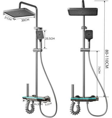 Immagine prodotto di Set doccia per bagno - Sistema doccia digitale con indicatore di temperatura - Acciaio inossidabile - Doccetta quadrata - Altezza regolabile - Miscelatore termostatico caldo/freddo - Grigio metallizzato