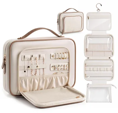 Produktbild von Hängende Reis-Toilettasche Damen, beige, Größe L, mit Schmuckaufbewahrung, für Reisen