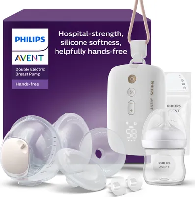 Produktbild von Philips AVENT Hands-free elektronische Doppelmilchpumpe, Motor in Krankenhausqualität, spiegelt den Trinkrhythmus des Babys wider, bis zu 85 Pumpbewegungen pro Minute, 2 Auffangschalen, SCF547/11