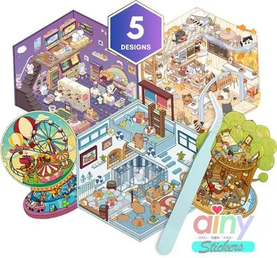 Productafbeelding van Ainy Scene Sticker Set | Inclusief Pincet | 5 Achtergronden met PET Stickers | Kat & Vrienden miniatuur stickerboek | Creatief & Rustgevend vakantie