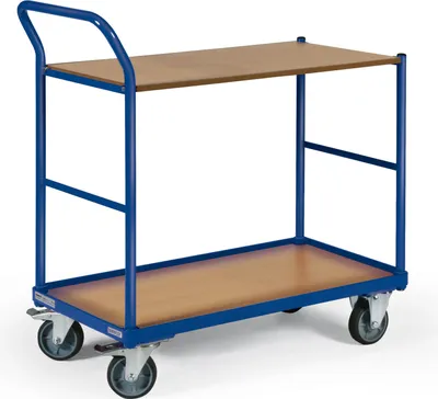 Produktbild von Bako Logistiksysteme Tischwagen mit Bordkante 3 Ladeflächen und schräg abgewinkeltem Schiebegriff 850x500mm