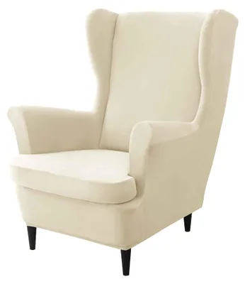 Produktbild von Elastischer Velours-Sesselbezug für Ohrensessel in Creme/Beige – dehnbarer Schonbezug