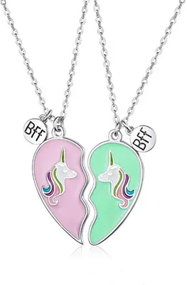 Produktbild von Bixorp Friends BFF-Halskette für 2 mit Einhorn-Herz in Rosa und Blau – silberfarbene Kordel, Einhorn-Freundschafts-Halskette – zwei Hälften beste Freunde – für Mädchen – Halskette für beste Freunde, Freundschaftsgeschenk für zwei