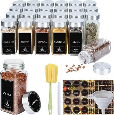 Produktbild von TWOLIIN Gewürzgläser 120ML Eckig Set Gewürzbehälter Spice Jars Gewürzstreuer Gewürzdosen Luftdichte Gewürze Aufbewahrung mit Etiketten, Streueinsatz, Reinigungsbürste (24er Abdeckung aus Edelstahl)
