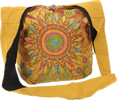 Produktbild von Boho Tasche, Sadhu Bag, Ethno Shopper, Bedruckter Schulterbeutel, Schultertasche - Honiggelb, Uni - Erwachsene, Baumwolle, 32*38*20 cm, Alternative Umhängetasche, Handtasche aus Stoff