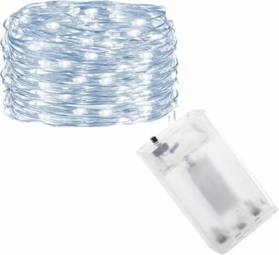 A coiled string of white LED lights with a clear battery pack.