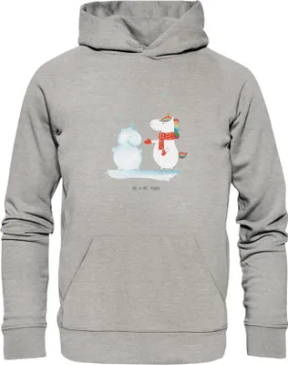 Produktbild von Mr. & Mrs. Panda Organic Hoodie Einhorn Schneemann Größe XS - Heather Grey - Geschenk, Fleece, Kapuzenpullover, Winter, Schnee, Sweatshirt, Hoody, Kuchen, Pullover, Mütze