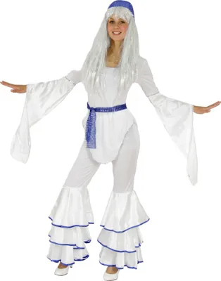 A woman wearing a 70s-style disco costume.